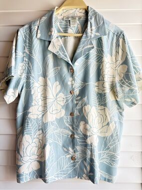 Pineapple Moon Silk Light Blue Floral Button-Down Shirt - Women's